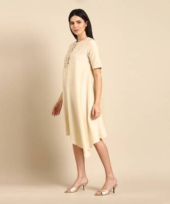 Beige mukesh silk cotton dress 2