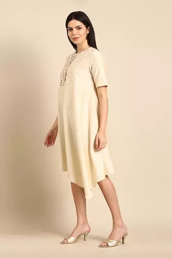Beige mukesh silk cotton dress