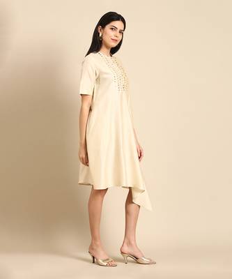 Beige mukesh silk cotton dress 3
