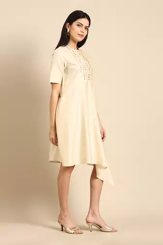 Beige mukesh silk cotton dress