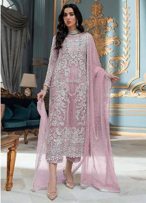 Pink Heavy Embroidery worked Semi stitched Pakistani suite in Organza fabric 1