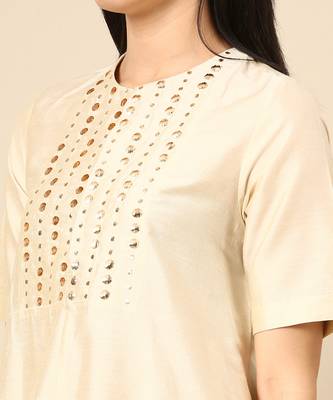 Beige mukesh silk cotton dress 5
