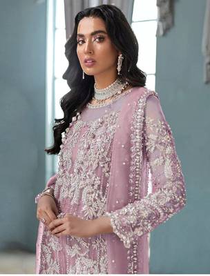 Pink Heavy Embroidery worked Semi stitched Pakistani suite in Organza fabric 2
