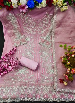 Pink Heavy Embroidery worked Semi stitched Pakistani suite in Organza fabric 3