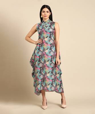 Blue grey muslin digital print dress 1