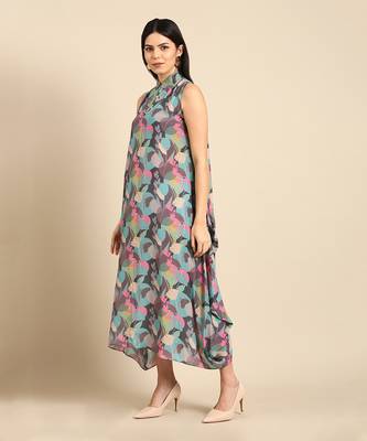 Blue grey muslin digital print dress 2