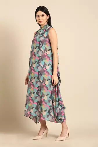 Blue grey muslin digital print dress
