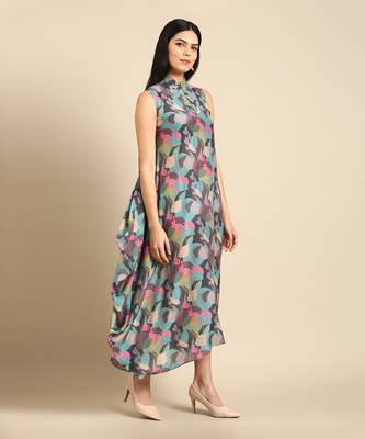 Blue grey muslin digital print dress 3