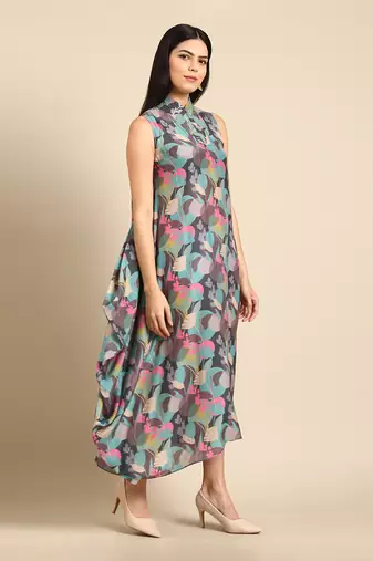 Blue grey muslin digital print dress