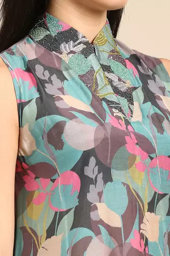 Blue grey muslin digital print dress