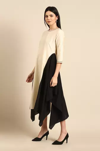 Beige cotton silk panel dress