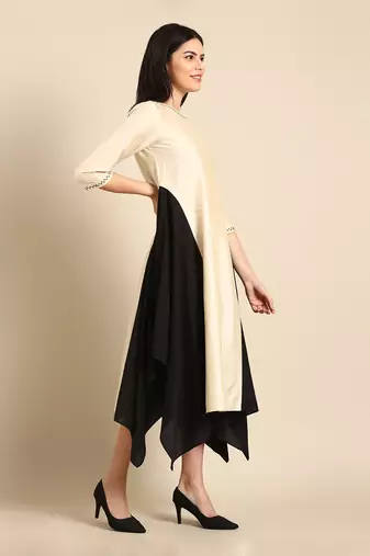 Beige cotton silk panel dress