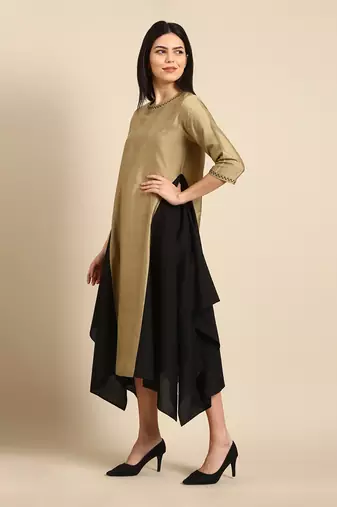 Gold black cotton silk dress