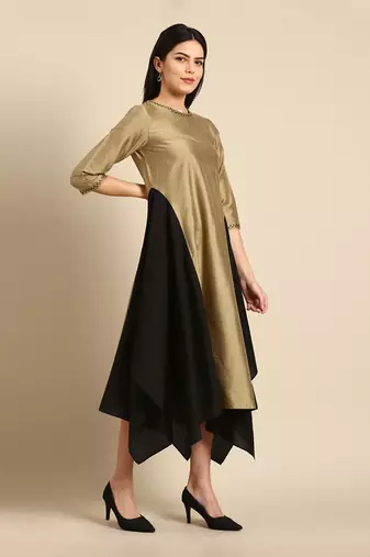Gold black cotton silk dress