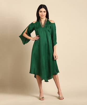 Bottle green slub silk dress 1
