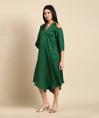 Bottle green slub silk dress 2