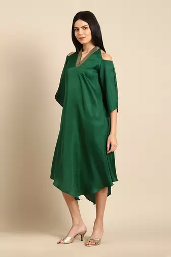 Bottle green slub silk dress