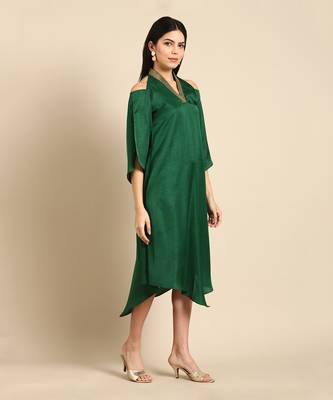 Bottle green slub silk dress 3