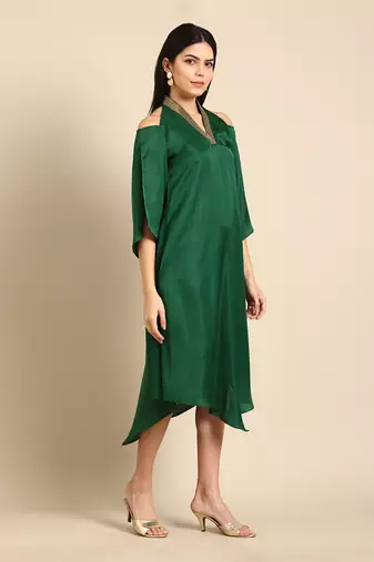 Bottle green slub silk dress