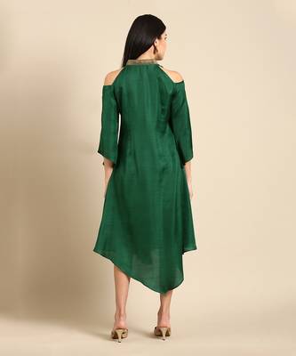 Bottle green slub silk dress 4