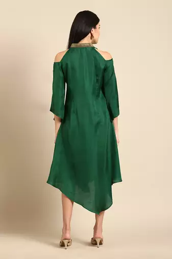 Bottle green slub silk dress