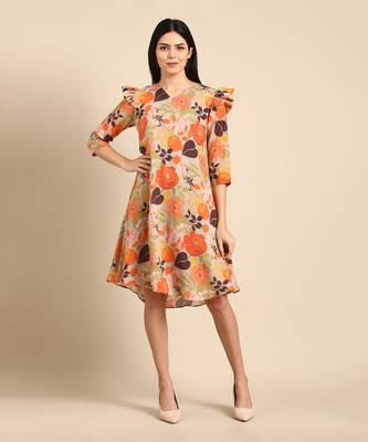 Orange beige mulsin digital print dress 1