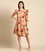 Orange beige mulsin digital print dress