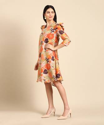 Orange beige mulsin digital print dress 2