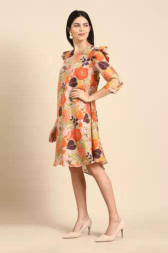 Orange beige mulsin digital print dress