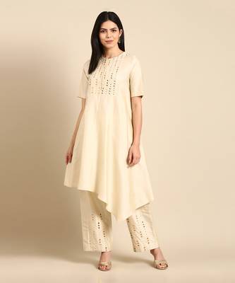 Beige cotton silk embroidery cord set 1