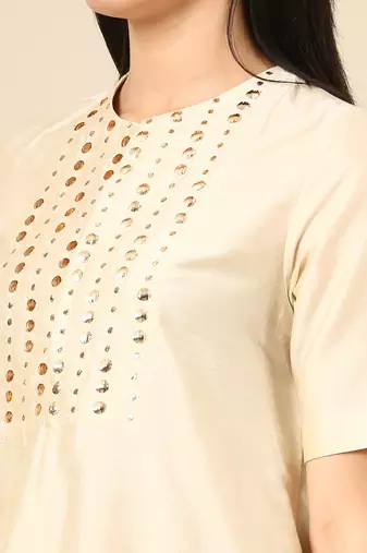 Beige cotton silk embroidery cord set