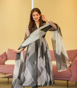 Zigzag Black And Gray Position Foil Work Fully Flair Kurti With Dupatta And Pent