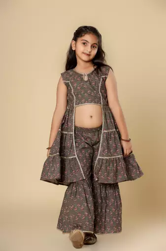 Girls Festive Kurta & Sharara Set in Cotton
