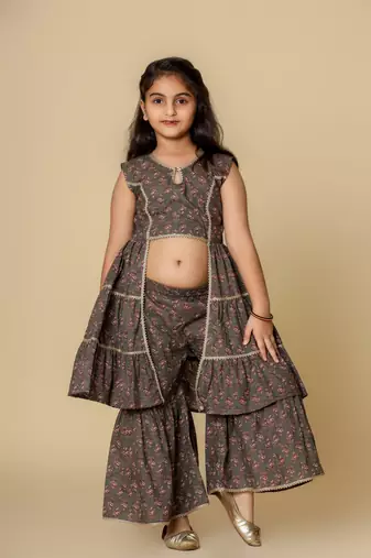 Girls Festive Kurta & Sharara Set in Cotton