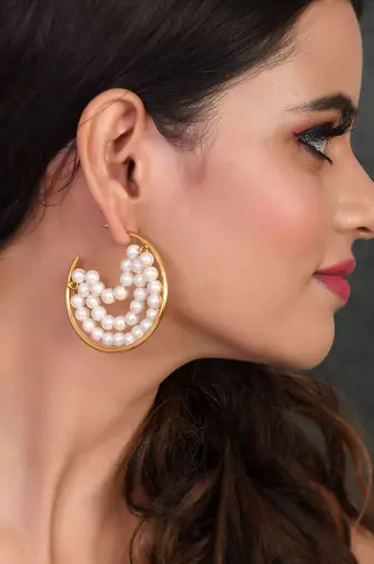 Gold plated pearl beads half hoop earrings