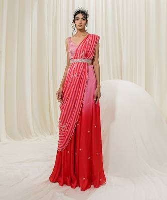 Pink & red palazzo saree set 1