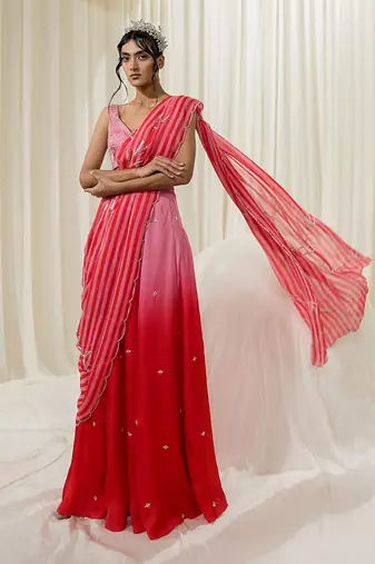 Pink & red palazzo saree set