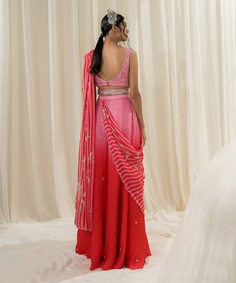 Pink & red palazzo saree set 4