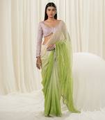 Off white & parrot green saree set