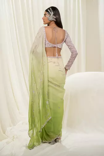 Off white & parrot green saree set