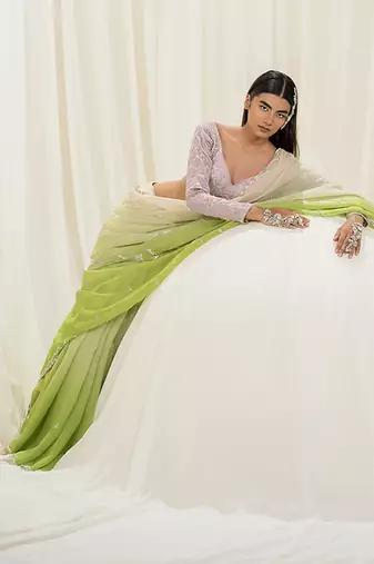 Off white & parrot green saree set