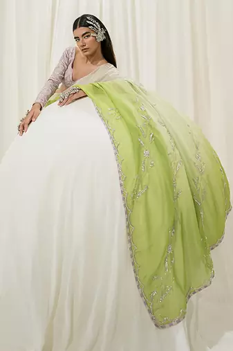 Off white & parrot green saree set