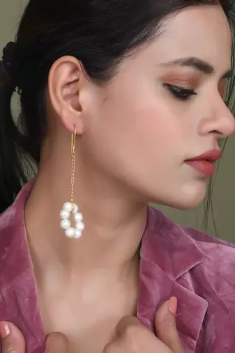 Gold plated pearl chain drop earrings