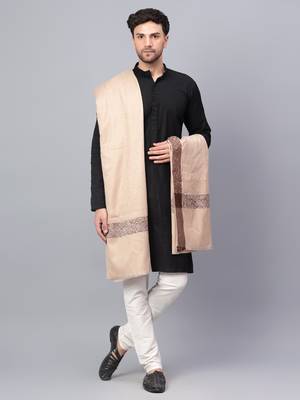 Mens Self Textured Contrast Woven Border Fine Wool Beige Shawl / Lohi 1