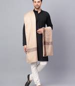 Mens Self Textured Contrast Woven Border Fine Wool Beige Shawl / Lohi