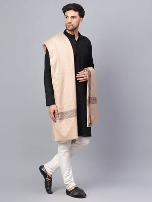 Mens Self Textured Contrast Woven Border Fine Wool Beige Shawl / Lohi 2