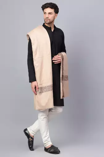 Mens Self Textured Contrast Woven Border Fine Wool Beige Shawl / Lohi