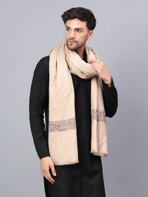 Mens Self Textured Contrast Woven Border Fine Wool Beige Shawl / Lohi 3