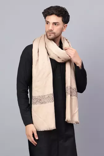 Mens Self Textured Contrast Woven Border Fine Wool Beige Shawl / Lohi