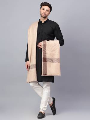 Mens Self Textured Contrast Woven Border Fine Wool Beige Shawl / Lohi 4